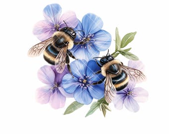 10 Watercolor Bees and Flowers Clipart – Floral Bee PNG Bundle – Digital Download for Crafts, Journals & Prints