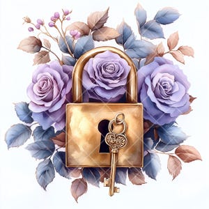 Cadenas doré et clipart clé - 10 illustrations JPG à l'aquarelle avec des roses pour des travaux manuels romantiques, une décoration vintage et une conception de mariage