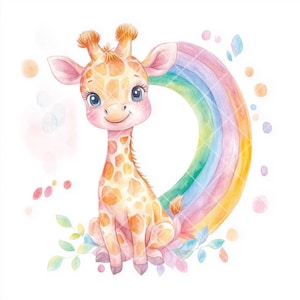 Clipart di arcobaleno pastello ad acquerello e giraffa neonata: 13 file JPG, simpatica arte di animali della giungla per cameretta dei bambini, baby shower, sublimazione e decorazioni.