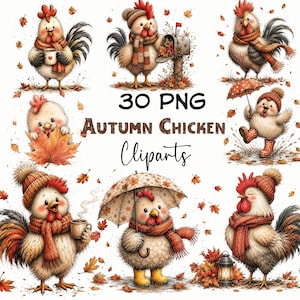 May include: A collection of 30 PNG Autumn Chicken Clipart illustrations featuring chickens wearing knit hats and scarves, holding mugs, umbrellas, and standing near mailboxes or lanterns, surrounded by falling orange and brown maple leaves.