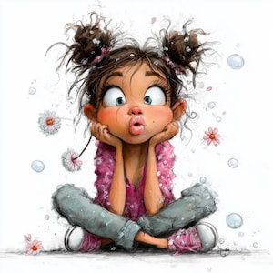 Puede incluir: Ilustración de dibujos animados de una niña con cabello castaño en moños, ojos grandes y una expresión de sorpresa. Lleva una blusa rosa, pantalones grises y zapatos rosas. El fondo es blanco con flores y burbujas dispersas.