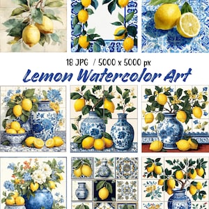 May include: A collection of watercolor art prints featuring lemons. The images showcase lemons on branches, in vases, and on decorative tiles. The text "Lemon Watercolor Art" is displayed in blue script.