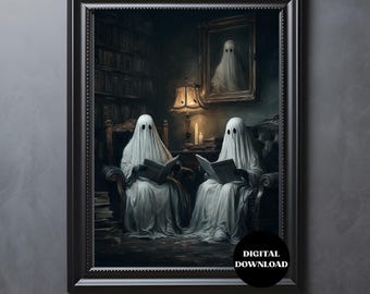 Sztuka „Stare duchy czytające książki”: Dekoracja na Halloween w gotyckiej bibliotece (pobranie cyfrowe)