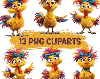 13 Funny Colorful Chicken Clipart PNG, Cute Farm Animal Digital Download, Cartoon Rooster Illustration