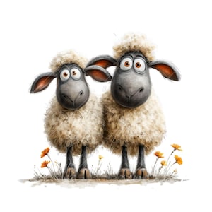 May include: A charming cartoon illustration of two sheep with fluffy white wool and grey faces. They stand together, with large, expressive eyes and orange-toned ears. Small orange flowers and grass are at their feet, set against a white background.