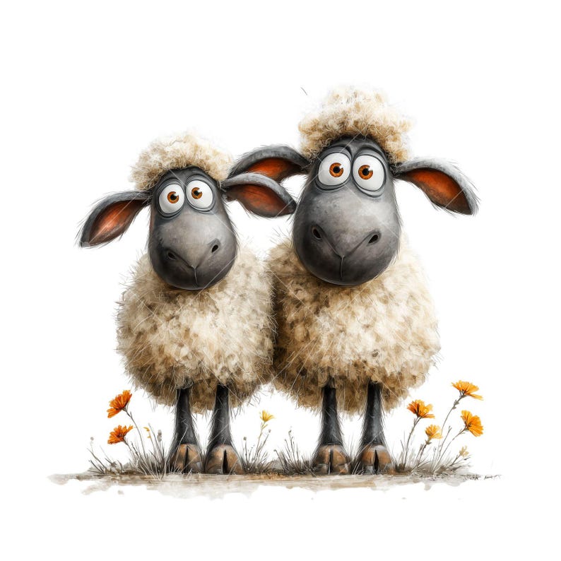 May include: A whimsical illustration features two cartoon sheep with fluffy white wool and gray faces. They stand side-by-side, with large, expressive eyes and orange-tinged ears. Small orange flowers and grass are at their feet, set against a white background.