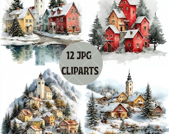 Aquarell Weihnachtsdorf Clipart Bundle - 12 JPG + 15 PNG festliche Winter Stadt Szenen, Sofort Download für Karten & kommerzielle Nutzung