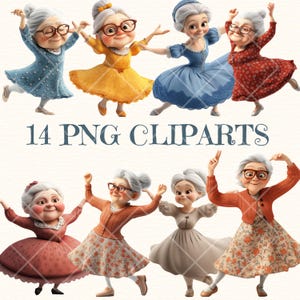 3D Cartoon alte Dame tanzt, 14 PNG Cliparts - Lustiger älterer Charakter, glückliche Oma Illustration, Party Tanz Pose, Oma PNG Sublimation