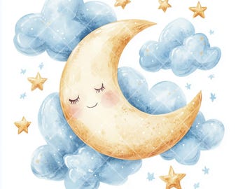 Watercolor Moon Clipart: Boho Nursery Art, 12 JPG Images (Digital Download)