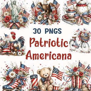 Pode incluir: Uma composi&ccedil;&atilde;o de arte digital com imagens patri&oacute;ticas americanas. Inclui ilustra&ccedil;&otilde;es da Est&aacute;tua da Liberdade, uma &aacute;guia, um galo, uma chaleira, uma bicicleta, patins, um urso de pel&uacute;cia e botas de cowboy, todos adornados com bandeiras americanas e arranjos florais. O texto "30 PNGS Patriotic Americana" tamb&eacute;m est&aacute; presente.