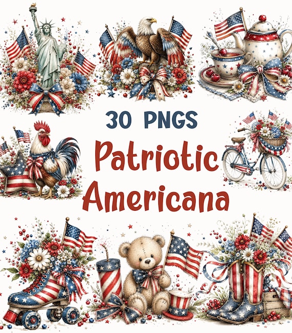Patriotic Americana Clipart PNG, 4th of July Watercolor Graphics, Eagle Flag Statue Liberty, 30 Transparent PNGs