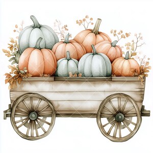 12 Watercolor Pumpkin Wagon Cliparts – Cottagecore Fall Aesthetic with Pastel Neutral Colors for Scrapbooking, Journals and Autumn Crafts