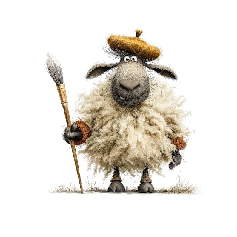 May include: A cartoon sheep wearing a mustard beret and holding a paintbrush. The sheep has a fluffy, cream-coloured coat and is standing on grass. The sheep is smiling, with a friendly expression.