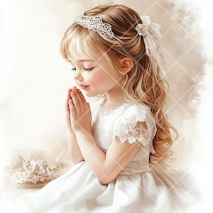 10 Aquarell Illustration eines betenden Mädchens in einem weißen Kommunionkleid, Aquarell Clipart, JPG, Glaube Illustration, religiöse Zeremonie,