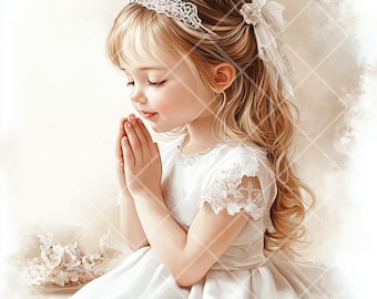 May include: A young girl in a white dress with lace trim and a white headband with a flower accent, praying with her hands clasped together.
