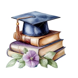 Watercolor Graduation Cap Clipart: Vintage Books & Flowers (PNG Files)