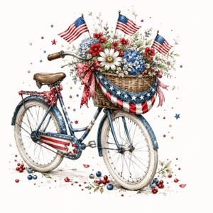 Pode incluir: Ilustra&ccedil;&atilde;o em aquarela de uma bicicleta vintage decorada para o Dia da Independ&ecirc;ncia. A bicicleta azul tem uma cesta de vime cheia de flores vermelhas, brancas e azuis e bandeiras americanas. La&ccedil;os vermelhos e brancos e detalhes de estrelas completam o tema patri&oacute;tico.