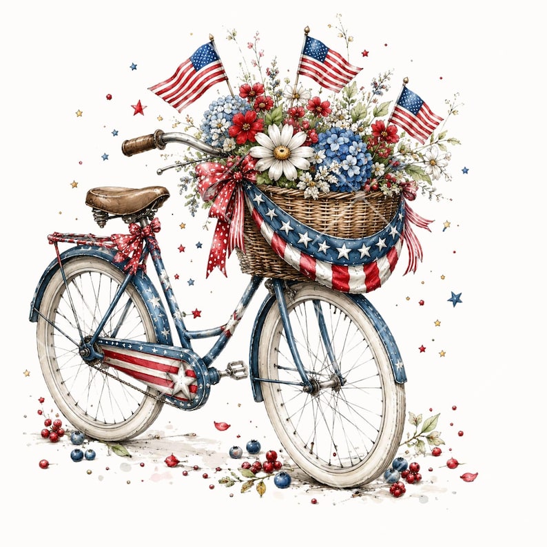 Pode incluir: Ilustra&ccedil;&atilde;o em aquarela de uma bicicleta vintage decorada para o Dia da Independ&ecirc;ncia. A bicicleta azul tem uma cesta de vime cheia de flores vermelhas, brancas e azuis e bandeiras americanas. La&ccedil;os vermelhos e brancos e detalhes de estrelas completam o tema patri&oacute;tico.