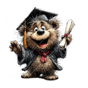 May include: A cartoon illustration of a brown bear wearing a graduation cap and gown, holding a diploma. The bear is smiling with its mouth open, and a red ribbon is around its neck. The image is on a white background.