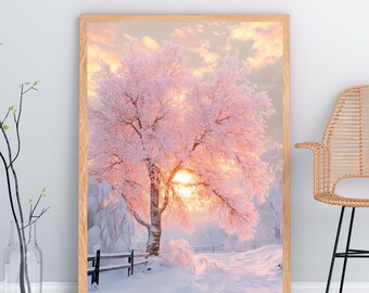 Pink Winter Tree Landscape Print: Cozy Cottage Chic Wall Art (Digital Download)