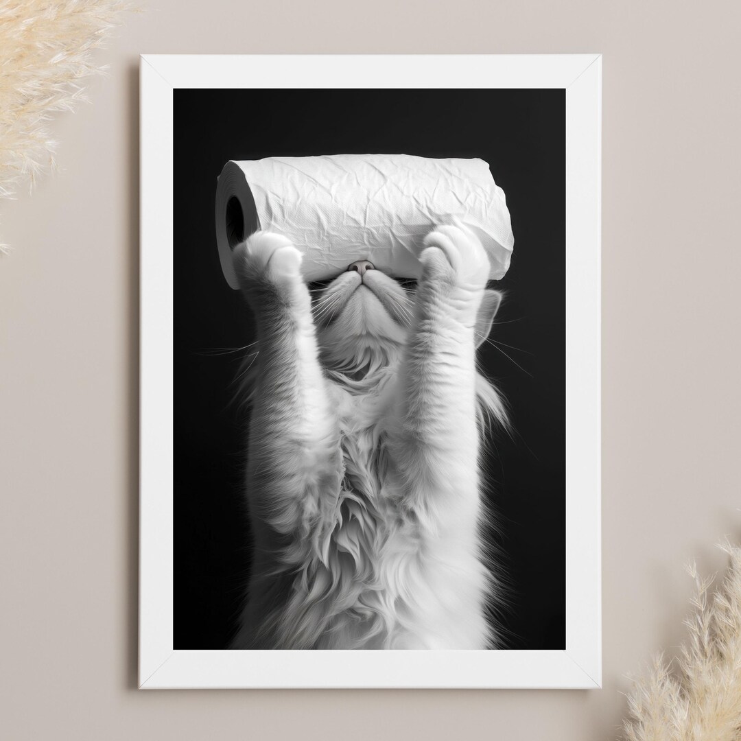 Funny Cat Toilet Paper Bathroom Poster: Quirky Restroom Art (digital ...