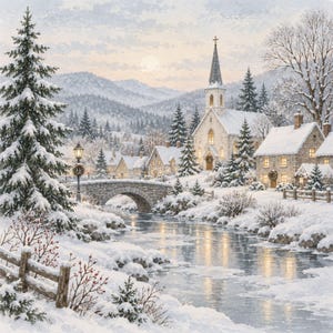 Könnte beinhalten: Ein Winterlandschaftsgemälde mit einer Steinkirche mit Kirchturm, einer steinernen Bogenbrücke über einen Fluss und schneebedeckten Tannen. Die Szene zeigt Steinhäuser mit beleuchteten Fenstern, eine Laterne und einen Holzzaun.