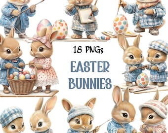 Easter Bunny Clipart PNG Bundle – 18 Watercolor Rabbits & Painted Eggs, Instant Download Spring Graphics