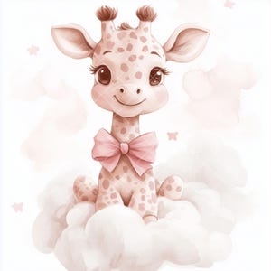11 JPG Cliparts of Cute Pale Pink Baby Animals Sitting on Clouds in Vintage Cartoon Animation Style for Digital and Print Projects