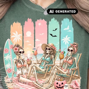 May include: A dark green crewneck sweatshirt featuring a graphic print of three skeletons on a beach. The skeletons wear bikinis, sunglasses, and headbands, sitting in beach chairs with tropical drinks. A surfboard, seashells, and a jack-o'-lantern are present.