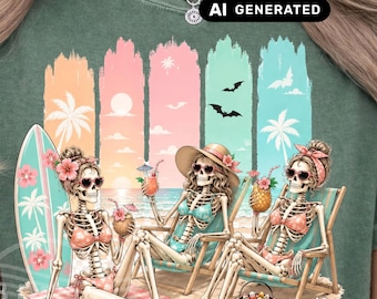 Summerween Skeleton Beach PNG, Halloween Summer Vacation Design, Spooky Beach Girls Digital Download for T Shirts