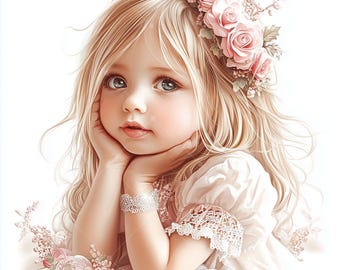 17 JPG 水彩画の少女と花のイラスト、花柄の子供の肖像画の保育園