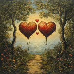 12 JPG Cliparts Dois Corações Balões de Amor Romântico, Caminho da Natureza, Cena do Pôr do Sol, Arte do Dia dos Namorados, pôster de amor, arte romântica,