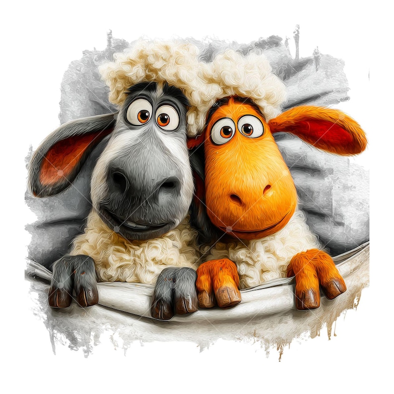 May include: A whimsical illustration of two sheep nestled together. One sheep has a gray face and ears, the other is orange. Both have large, expressive eyes and are partially covered by a white blanket, creating a cozy and endearing scene.