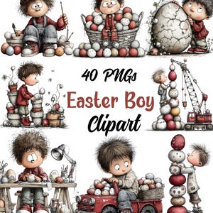 May include: A digital illustration featuring several images of cartoon boys with Easter eggs. The images include boys painting eggs, holding eggs, and playing with eggs. Text reads "40 PNGs Easter Boy Clipart."