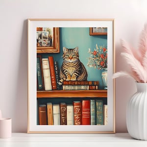 May include: A tabby cat sits on a bookshelf with a stack of books. The cat is looking directly at the viewer. The bookshelf is filled with books and there is a vase of flowers on the top shelf.
