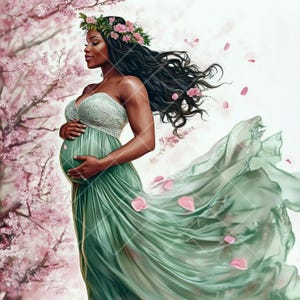 10 JPG Mulher negra grávida aquarela clipart com flores de cerejeira - arte de maternidade, floral grávida, dia das mães, chá de bebê