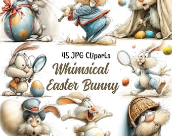 Whimsical Easter Bunny Cliparts 45 JPG, Easter Rabbit Illustration, (Digital Download)