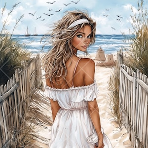 Aquarell Clipart - Junge Frau zu Fuß zum Strand - 12 JPG Bilder für kreative Projekte an der Küste und im Sommer