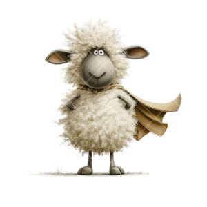 May include: A cartoon sheep with a fluffy white coat and a tan cape, standing on its hind legs. The sheep has a smiling face, large eyes, and small ears. The image is set against a white background.