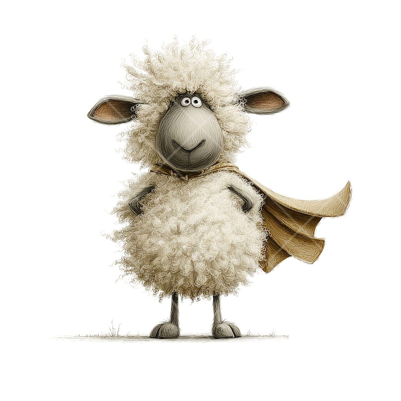 May include: A cartoon sheep with a fluffy white coat and a tan cape, standing on its hind legs. The sheep has a smiling face, large eyes, and small ears. The image is set against a white background.