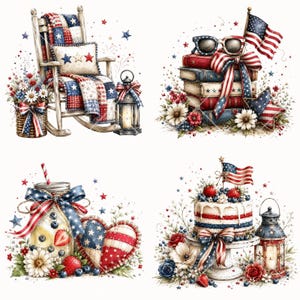 Pode incluir: Ilustra&ccedil;&otilde;es em aquarela com temas patri&oacute;ticos. Uma cadeira de balan&ccedil;o com uma almofada e um cobertor com estampa de estrelas, uma pilha de livros com &oacute;culos de sol e uma bandeira, um frasco com canudo e cora&ccedil;&atilde;o e um bolo com uma bandeira.