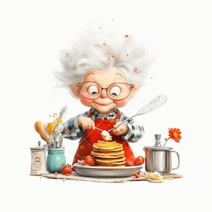 Clipart de cozinha de vovó vintage | 11 ilustrações de panificação retrô | Panquecas, utensílios e cozinha confortável | Download digital para artesanato