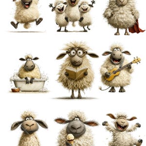 May include: A selection of cartoon sheep in different poses. One sheep jumps with arms raised, while another wears a cape. Other sheep read, play a ukulele, and enjoy ice cream. The sheep are white with black faces and ears.