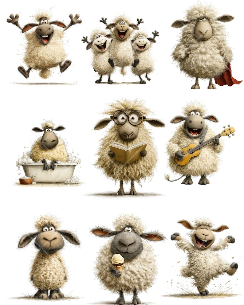 May include: A selection of cartoon sheep in different poses. One sheep jumps with arms raised, while another wears a cape. Other sheep read, play a ukulele, and enjoy ice cream. The sheep are white with black faces and ears.