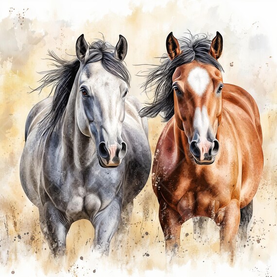 水彩画の馬のクリップアート：パステル調の農場の動物のイラスト（JPG