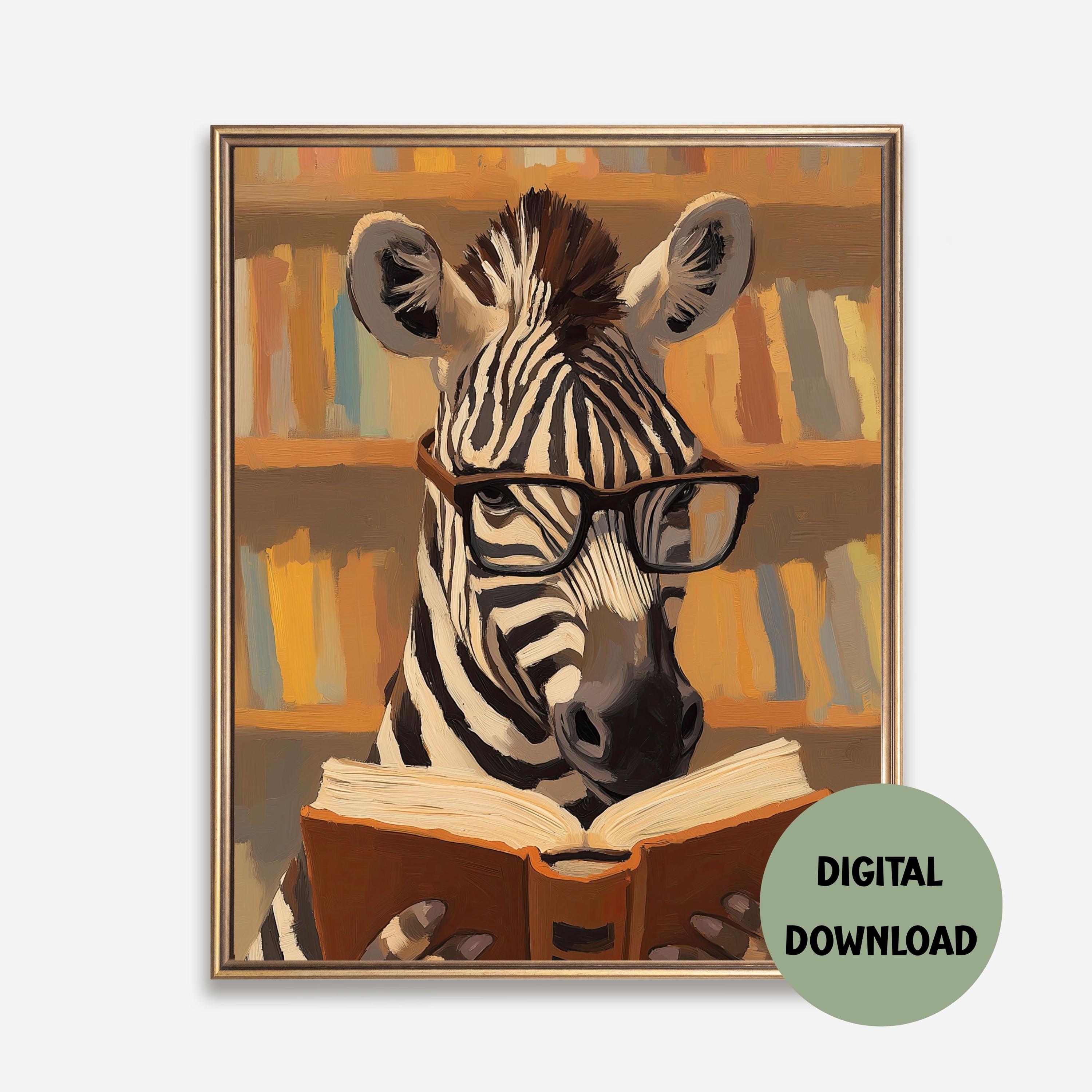 Reading Zebra Oil Painting Art Print: Funny Library Decor (digital