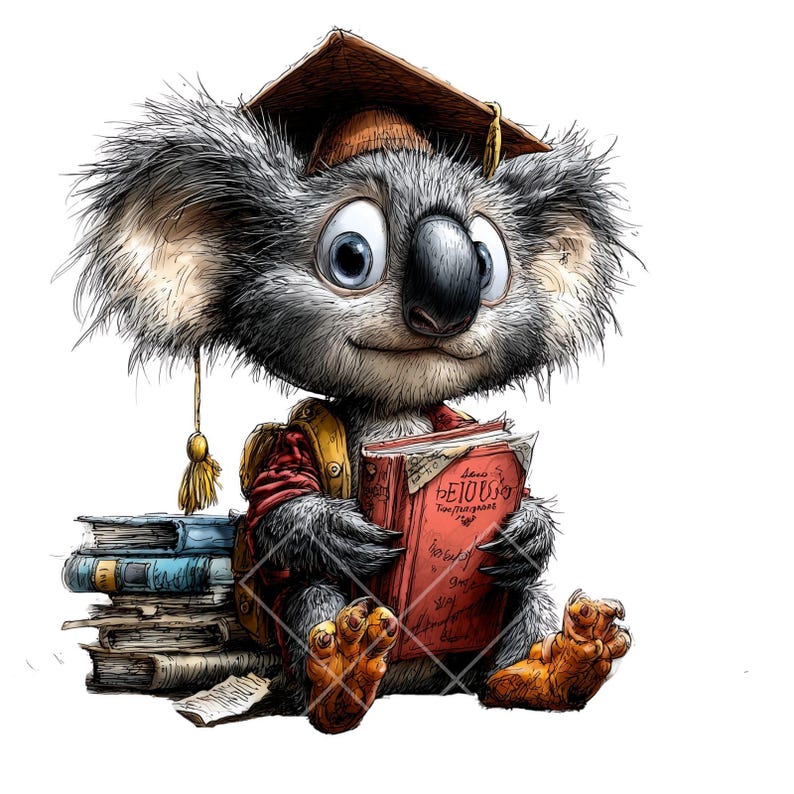 May include: A cartoon koala wearing a graduation cap and a red jacket, holding a red book with text. The koala is sitting next to a stack of books. The image has a white background.