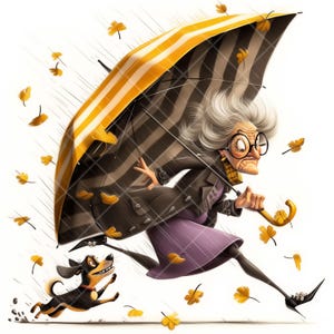 quirky, funny windy grandma with umbrella and dog, 15 JPG cliparts digital download,old lady art, grandma love, senior citizen, autumn theme