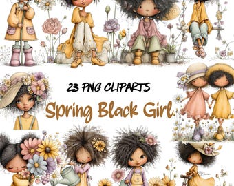 Spring Black Girl Clipart PNG Bundle, African American Girl Watercolor, Kids Illustration, digital download