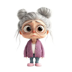 Clipart di una donna anziana dei cartoni animati stravagante - Nonna carina e divertente con panino grigio disordinato e occhi grandi - Illustrazione digitale giocosa - Set di 10 PNG